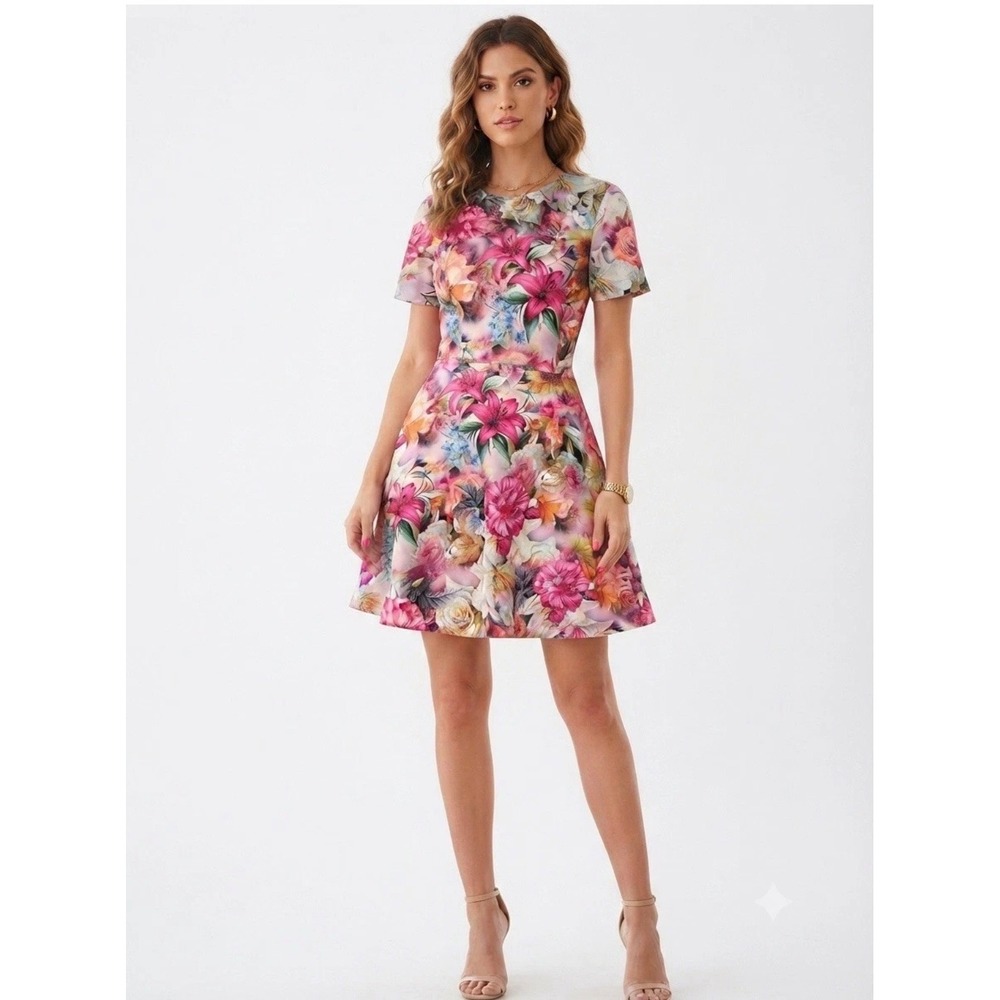 Alexia Admor Floral Bouquet Sheath Dress Short Sleeve Pink Multi Size size L NWT